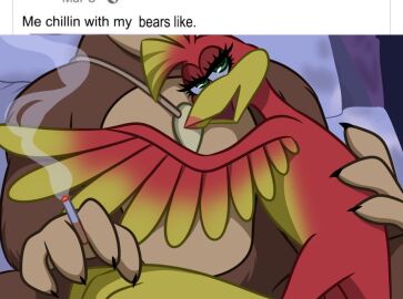 after_sex anthro anthro_on_feral avian banjo-kazooie banjo_(banjo-kazooie) beak bear bedroom_eyes bird blue_eyes breegull brown_body brown_fur cigarette duo eyelashes feathers female feral fur green_eyes hi_res implied_after_sex implied_sex jewelry kazooie looking_at_viewer looking_pleasured male male/female mammal meme necklace nude nude_male rareware reach_around red_body red_feathers side_view skelly_doll wings