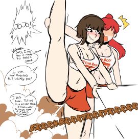 2girls big_breasts blush breasts brown_hair crop_top fart fart_cloud fart_fetish farting female hooters_(parody) hooters_uniform joanne_(mrtomato8224) mrtomato8224 one_leg_up red_hair stretching