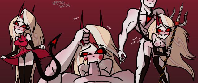 1boy 1girls anonymous_male armwear bangs black_legwear black_panties black_sleeves blonde_hair blowjob blush breasts buttons charlie_morningstar_(hazbin_hotel) clothed clothing demon demon_girl demon_horns demon_tail dress_lift embarrassed embarrassed_nude_female fellatio female female_focus from_behind from_behind_position hazbin_hotel horn_grab legs_shaking lips long_hair looking_at_viewer male medium_breasts messy_hair multicolored_hair nipples pale-skinned_female pale_skin panties penetration penis princess pussy red_dress red_eyes rosy_cheeks sex sex_from_behind simple_background smile standing standing_doggy_style standing_sex streaked_hair tagme tail tail_wrapped_around_body tease thighhighs trident vaginal_penetration weapon white_skin wretch_sketch