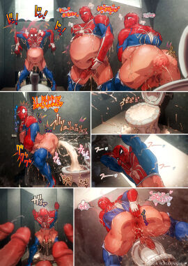 anal_creampie anus cock cumflated_belly cumflation gay japanese_text leaking_cum male male_only marvel marvel_comics penis rokudenashi spider-man spider-man_(series)