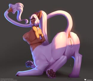 accessory anus ass big_breasts bodily_fluids breasts brown_body brown_skin cat_taur dark_body dark_skin domestic_cat doomthewolf dripping eyelashes feet felid felid_taur feline feline_taur felis female fur furgonomics genital_fluids genitals hair hi_res humanoid humanoid_taur jasmine_(aidanmash) jasmine_grimm jewelry mammal mammal_taur pawpads presenting presenting_hindquarters pussy pussy_juice_drip raised_tail smile solo tail tail_accessory tail_anus tail_jewelry tail_tuft taur text tuft url vaginal_fluids white_body white_fur white_hair