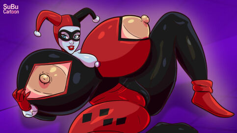 1girls 2d artist_name batman:_the_animated_series batman_(series) blue_eyes bodysuit boots breasts breasts_bigger_than_head cameltoe color costume dc dc_comics female female_only full_color giant_breasts harley_quinn harley_quinn_(classic) huge_breasts large_nipples lipstick makeup massive_breasts nipple_cutout nipple_piercing nipples pattern_background piercing red_lipstick simple_background solo solo_female spread_legs stud_piercing superbustycartoon thick thick_thighs thighs villain villainess white_face white_facepaint