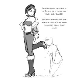 1boy 1girls belt belt_buckle black_and_white boot_fetish boot_licking boot_worship boots breasts celera_prime dominant_female dominatrix english english_text female femdom femdom_caption foot_fetish foot_lick foot_worship footwear fur_boots fur_trim knee_boots male monochrome original original_character original_characters shoe_fetish shoe_lick shoe_licking shoes short-haired_female short_hair snow snowing submissive_male winter_clothes