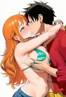 ai_generated big_breasts bikini_top blush breast_grab couple curvy curvy_female female grabbing hug huge_breasts kissing male male/female monkey_d_luffy nami_(one_piece) one_piece orange_hair scar scar_on_face tattoo