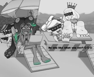 barefoot beach beach_chair bikini blush callie_(splatoon) feet female foot_fetish foot_focus foot_lick foot_worship hypno_shades_(splatoon) hypnosis imminent_hypnosis inkling inkling_girl laptop licking_feet marie_(splatoon) marina_(splatoon) message mind_control monochrome nintendo octoling octoling_girl octopus_girl off_the_hook_(splatoon) pearl_(splatoon) pentaguy shocked shocked_expression splatoon splatoon_2 steam toes umbrella