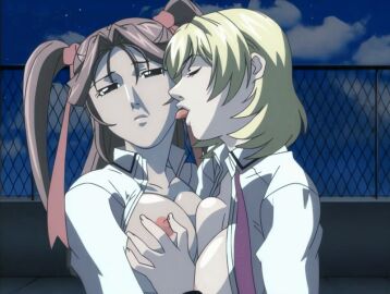 00s 2005 2girls american animated bible_black bible_black_new_testament blonde_hair breasts brown_hair closed_eyes female female_focus french_kiss grabbing_another's_breast groping hair_ribbon jody_crowley kissing licking multiple_girls night nipples open_clothes ribbon school_uniform shin_bible_black shiny_skin short_hair tagme tan tanline tanlines tongue tongue_out toudou_yuki twintails yuri