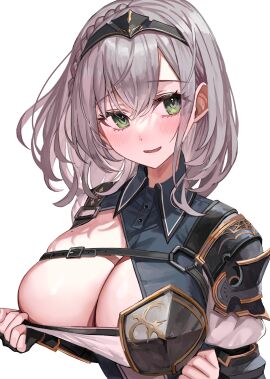 absurdres armor blush bob_cut breasts cleavage female green_eyes grey_hair highres hololive hololive_fantasy hololive_japan large_breasts looking_at_viewer medium_hair mole mole_on_breast parted_lips rum_raisin_(chihiromakita19) shiny_skin shirogane_noel smile solo tiara upper_body virtual_youtuber white_background wholesome