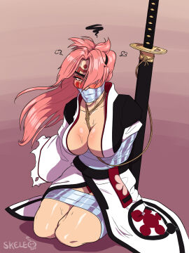 angry baiken big_breasts breasts cleavage eyepatch female gag gagged guilty_gear skelebomb sweatdrop tape tape_bondage tape_gag taped_mouth