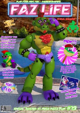 1boy advertisement alligator alligator_tail alligatorid alligatorid_humanoid animatronic anthro beard biceps bulge chest_tuft crocodile crocodile_tail crocodilian crocodylid english english_text facial_markings female five_nights_at_freddy's five_nights_at_freddy's:_security_breach fnaf glamrock_chica_(fnaf) green_body looking_at_viewer machine magazine magazine_cover male male_focus male_only mohawk mohawk_(hairstyle) montgomery_gator_(fnaf) muscular muscular_male non-human plush plushie pool poolside posing posing_for_picture posing_for_the_viewer pubic_hair raised_eyebrow red_hair reptile reptile_humanoid robot robot_humanoid robot_joints scottgames sondinker_fazbear's spiked_bracelet spotted_body steel_wool_studios summer sunglasses sunglasses_on_head tail two-tone_body
