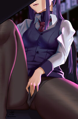 artist_name bar_(place) bartender biting_own_lip bl/ess female female_masturbation head_out_of_frame highres julianne_stingray long_hair long_sleeves masturbation masturbation_through_clothes nail_polish necktie pantyhose purple_hair purple_vest red_necktie shirt sidelocks signature sitting solo twintails twitter_username va-11_hall-a vest white_shirt