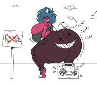 1girls ass back_view behind_view bending_over big_ass big_breasts big_butt blue_hair boombox breast_squeeze breast_squish breasts bubble_ass bubble_butt chubby chubby_female clapping_ass clapping_butt clapping_buttocks clapping_cheeks cleavage demon demon_girl demon_humanoid demon_tail disobedient female female_focus female_only freckles freckles_on_breasts hair_over_eyes horn horns huge_ass huge_boobs huge_booty huge_breasts huge_butt hyper hyper_ass hyper_breasts lipstick oc onomatopoeia original original_character rear_view red_body selloutscum sign skinny_arms spade_tail tagme toppybweens twerk twerking twerking_at_viewer twerking_position varix