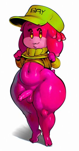 2024 3_fingers 3_toes alien anthro balls belly blush blush_lines circumcised clothed clothing clothing_pull colored digital_drawing_(artwork) digital_media_(artwork) english_text erection eyebrows feet femboy fingers genitals glans glistening glistening_balls glistening_body glistening_eyes glistening_genitalia glistening_glans glistening_penis glistening_thighs green_clothing green_hat green_headwear hat headgear headwear hi_res humanoid humanoid_genitalia humanoid_penis looking_at_viewer male mostly_nude multicolored_body navel not_furry nude penis pink_balls pink_body pink_genitals pink_penis portrait puwa shaded short_tail simple_background solo sqoon standing standing_on_toes tail text thick_thighs toes topwear white_background wide_hips yellow_eyes