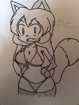 1girls anthro averi_(fiddleafox) bikini breasts canid canine dipstick_tail female fox fur gloves_(marking) hair leg_markings mammal markings medium_breasts monochrome multicolored_fur paws sketch sketch_page socks_(marking) solo tail tail_markings talking_to_viewer text traced