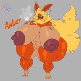 amber_(lattemon) big_breasts breasts cleavage eeveelution female flareon huge_breasts hyper_breasts lattemon nipples pokemon pokemon_(species) tagme thick_thighs wide_hips