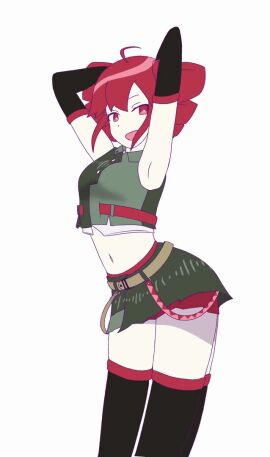 1girls 2d 2d_(artwork) ahoge animated armpits arms_behind_head arms_up bouncing_breasts breasts clothed clothed_female clothing crop_top dancing exposed_belly exposed_midriff female female_only hip_sway kasane_teto kasane_teto_(voicepeak) me!me!me!_dance medium_breasts navel red_eyes red_hair short_skirt skirt skirt_lift solo solo_female swaying_hips thick_thighs thighhighs thighs twin_drills utau voicepeak white_skin