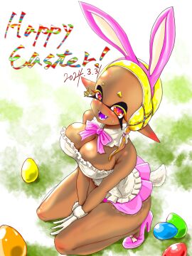 2024 armwear blush blushing_at_viewer breasts crouching dark-skinned_female dark_body dark_skin digital_media_(artwork) ear_piercing easter easter_egg egg egg_laying english_text female frye_(splatoon) frye_onaga ground hi_res high_heels huge_breasts looking_at_viewer nintendo open_mouth open_smile pink_high_heels pink_ribbon pink_skirt pointy_eared_humanoid pointy_ears purple_eyes rabbit_ears sharp_teeth splatoon splatoon_(series) splatoon_3 sweatdrop t2ukmyjm tentacle tentacle_hair text white_clothing yellow_eyebrows yellow_hair