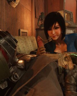 3d bethesda_softworks cum_in_mouth cum_in_nose cumstring fallout fallout_4 fallout_new_vegas female jerichosmut mouth_full_of_cum ncr_ranger_(fallout) no_artist_signature pip-boy vault_girl vault_meat vault_suit