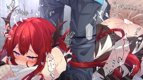 1boy absurdres arknights ass black_gloves black_horns black_jacket blush clenched_teeth commission cum cum_in_pussy cum_overflow demon_horns doggy_style dot_nose emphasis_lines female female_orgasm full-face_blush gloves grey_background highres horns hugging_object jacket kurarome long_hair male motion_lines orgasm pillow pillow_hug purple_eyes pussy raised_eyebrows red_hair sex shiny_skin skeb_commission slit_pupils straight surtr_(arknights) tearing_up teeth vaginal_penetration