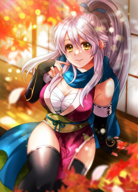1girls absurdres akimiiiii alternate_costume alternate_hairstyle black_gloves black_thighhighs blue_scarf breasts chest_sarashi cleavage female female_only fingerless_gloves fire_emblem fire_emblem:_radiant_dawn fire_emblem_heroes gloves highres japanese_clothes long_hair looking_at_viewer medium_breasts micaiah_(fire_emblem) micaiah_(ninja)_(fire_emblem) nintendo official_alternate_costume official_alternate_hairstyle ponytail sarashi scarf sitting smile solo thighhighs thighs white_hair yellow_eyes