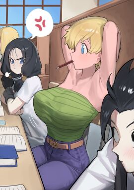 1boy 2girls anger_vein armpits arms_behind_head bangs belt black_hair blonde_hair blue_eyes blue_pants blush book breast_envy breasts brown_belt cleavage closed_mouth clothing denim desk dragon_ball dragon_ball_z earrings erasa female fingerless_gloves gloves green_shirt indoors jealous jealous_female jealous_look jealousy jeans jewelry large_breasts long_hair looking_at_viewer male mouth_hold multiple_females multiple_girls nia4294 nia_(nia4294) pants pencil shirt short-haired_female short_hair sitting son_gohan spoken_anger_vein strapless tied_hair twintails videl white_shirt