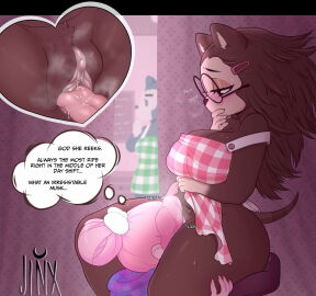 2girls animal_crossing anthro apron apron_lift big_breasts blush breasts brown_fur changing_room clitoris covering_mouth cunnilingus dirty_talk edit edited embarrassed embarrassed_female female glasses human_on_anthro jinx_doodle licking multiple_females multiple_girls musk musky musky_pussy nintendo pink_hair ponytail public public_oral public_sex pussy sable_able shy smelly smelly_pussy sniffing steam steamy steamy_pussy stinky sweat sweaty sweaty_body text thought_bubble tongue uncensored villager_(animal_crossing) yuri