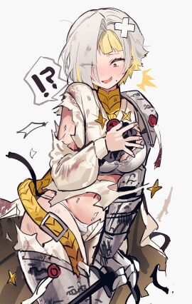 1girls bra exclamation_point exploding_clothes female kromer_(limbus_company) limbus_company migishita panties project_moon question_mark solo solo_female tagme torn_clothes