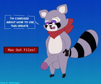 absurd_res anthro balls computer computer_screen confusion dialogue electronics file genitals hi_res indigo_park inprogress male mammal mascot penis procyonid raccoon rambley_raccoon scarf solo