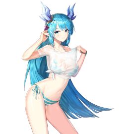 arm_up armpits artist_request bikini blue_bikini blue_eyes blue_hair breasts closed_mouth clothes_pull collarbone contrapposto cowboy_shot crop_top dragon_girl dragon_horns female hair_ornament halterneck horns king's_raid laias_(king's_raid) large_breasts long_hair looking_at_viewer monster_girl navel no_pants not_porn official_art pointy_ears reptile_humanoid see-through_clothes sfw shirt shirt_pull short_sleeves side-tie_bikini_bottom side-tie_shirt sidehip sidelocks smile solo standing stomach string_bikini striped_bikini striped_clothes swimsuit thighs transparent_background very_long_hair wet wet_clothes wet_shirt white_shirt