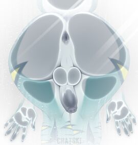 anthro anus ass balls big_ass big_balls big_butt big_penis chatski fat_penis fish genitals glass hi_res hybrid_genitalia hyper male marine overweight overweight_anthro penis shark shower shower_room simple_background sitting solo white_background