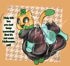 absurd_res anthro ass balls big_butt black_body blush bodily_fluids butt_grab cum cum_everywhere cum_inside cum_on_face cum_string cumshot digital_media_(artwork) disembodied_hand disembodied_penis domestic_cat duo ejaculation elemental_creature english_text erection felid feline felis flora_fauna food food_creature for_a_head fruit genital_fluids genitals ghost_hand hand_on_butt hi_res hot_dogging humanoid_genitalia looking_at_viewer male mammal messy nude object_head open_mouth orgasm penile penis plant pumkat pumpkin pumpkin_head sex simple_background smile smolreapy solo_focus tail text thick_thighs tongue
