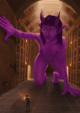 2d 2d_(artwork) 2d_artwork demon demon_girl demon_horns demoness dungeons_and_dragons female giant_girl giantess human knight librarian library long_nipples purple_skin tiefling tiefling_girl