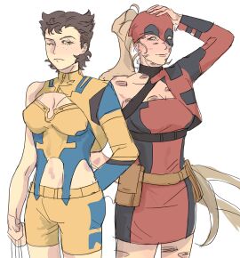 2girls adapted_costume blonde_hair breasts brown_hair cleavage closed_mouth deadpool_&_wolverine_(2024) dress female genderswap genderswap_(mtf) green_eyes hand_on_own_head jacket lady_deadpool ladypool long_hair looking_at_another marvel marvel_cinematic_universe marvel_comics mask medium_breasts multicolored_clothes multicolored_jacket multiple_females multiple_girls one_eye_closed ponytail red_dress rrriemman rule_63 scar scars_all_over short_shorts shorts two-tone_jacket very_long_hair wanda_wilson wolverine_(x-men) x-men yellow_shorts