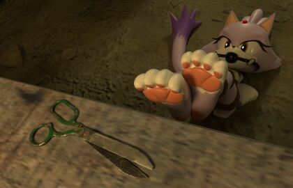 anthro arms_tied ball_gag basement blaze_the_cat bound breasts escape_attempt feet felid feline female gag gagged hands_behind_back heartbrkrskully hi_res humanoid legs_tied lying mammal on_back paws reaching_for_object rope scissors sega solo sonic_the_hedgehog_(series)