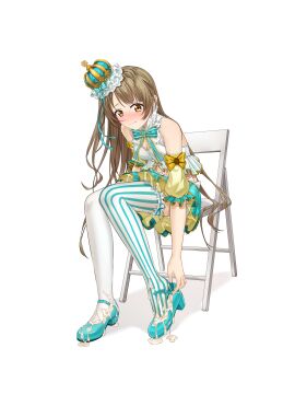 absurdres alternate_costume bare_shoulders blue_footwear blush breasts brown_hair cleavage closed_mouth commentary_request crown cum cum_in_clothes cum_wearing detached_sleeves dress female frilled_dress frilled_thighhighs frills full_body highres long_hair love_live! love_live!_school_idol_project medium_breasts minami_kotori mismatched_pupils sitting solo striped_clothes striped_thighhighs thighhighs vertical-striped_clothes vertical-striped_thighhighs wavy_mouth white_thighhighs xo_(xo17800108) yellow_eyes