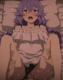 1boy 1girls bed_sheet black_panties blush braid censored clothing_aside collarbone defloration female hair_between_eyes long_hair looking_at_viewer lying male missing_limb mosaic_censoring mushoku_tensei on_back open_mouth panties panties_aside penis pillow pov purple_eyes purple_hair pussy roxy_migurdia rudeus_greyrat sex shirt short_sleeves solo_focus straight tears thigh_grab tomu_(tomubobu) twin_braids underwear vaginal_penetration white_shirt