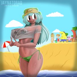 alan_(smiling_friends) beach beach_background big_breasts big_thighs bikini bikini_bottom breasts brown_body charlie_(smiling_friends) clouds dark-skinned_female dark_skin dolly_dimpley glep_(smiling_friends) hat headphones hourglass_figure hourglass_figured_female huge_breasts jaynator1 large_breasts large_thighs looking_back marge_simpson_(smiling_friends) navel pim_(smiling_friends) sand scantily_clad shirt shirt_pull showing_breasts showing_off smiling_friends string_bikini sweat sweaty sweaty_body tagme transparent_clothing transparent_shirt umbrella water wet_shirt zoey_(smiling_friends)