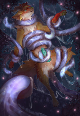 animal_genitalia animal_penis anthro aroused balls bedroom_eyes blue_eyes blush bodily_fluids bound canid canine canine_genitalia canine_penis canis claws digital_drawing_(artwork) digital_media_(artwork) dripping erection fewiesh fluffy fluffy_tail genitals handjob hi_res horn knot lifted looking_pleasured male mammal narrowed_eyes night outdoor_nudity outside pawpads paws penile penis plant pora restrained saliva seductive sex sheath signature solo suggestive tail teeth tentacle tentacle_sex tree wolf