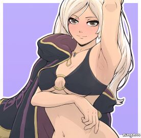 1girls accessory alternate_costume arm_under_breasts arm_up armpit_fetish armpits bare_midriff bedroom_eyes bikini bikini_top black_bikini black_swimsuit bottomless breasts brown_eyes coat female female_only fire_emblem fire_emblem_awakening fire_emblem_heroes long_hair looking_at_viewer medium_breasts midriff navel necklace nintendo o-ring o-ring_bikini official_alternate_costume pose purple_background rengaboo robin_(fire_emblem) robin_(fire_emblem)_(female) seductive smile solo swimsuit teasing twintails underboob undressing untied untied_bikini upper_body white_hair