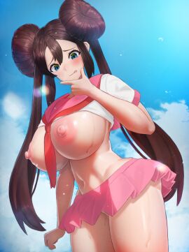 belly_button big_breasts big_nipples blue_eyes blue_sky blush breasts breasts_out brown_hair closed_mouth clouds cowboy_shot female female_only from_below hair_buns hi_res highres huge_breasts japanese_school_uniform large_areolae large_breasts legs lens_flare long_hair looking_down microskirt miniskirt no_panties noperori partially_clothed partially_nude partially_undressed perky_nipples pokemon pokemon_bw2 revealing_clothes rosa_(pokemon) school_uniform shiny_clothes shiny_skin skirt sky sweat sweaty sweaty_body tagme thick_thighs thinking tongue tongue_out twintails