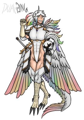 abs angel angel_wings armor armored_female bird dualwing feathers female harpy harpy_girl harpy_humanoid impractical_armor monster monster_girl muscles muscular muscular_female muscular_thighs original original_character rainbow_feathers rainbow_hair sharp_teeth white_feathers white_hair wings