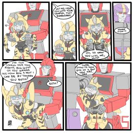 alien alien_humanoid astrotrain autobot blue_eyes bumblebee_(transformers) comic_page cybertronian decepticon dick_on_face flirting gay giant_penis grabbing_cock grinding grinding_on_leg holding holding_arms holding_penis holding_waist ironhide looking_up male mecha nuefass penis red_eyes robot robot_alien robot_humanoid simple_background simple_coloring simple_shading size_comparison size_difference size_fetish size_talk teasing transformers transformers_g1