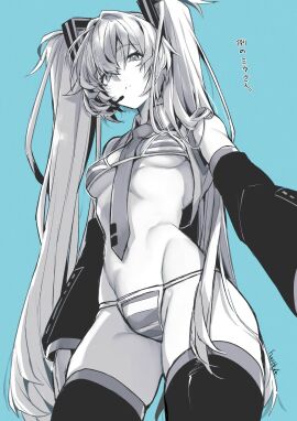 1girls bikini breasts collared_bikini detached_sleeves female frown hatsune_miku hatsune_miku_(collared_bikini) long_hair looking_at_viewer looking_down medium_breasts microphone monochrome necklace striped_bikini swimsuit takatsuki_ichi twintails underboob vocaloid