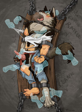 4_toes 5_fingers 5_toes animal_genitalia animal_penis anthro balls balls_fondling black_claws black_nose blush bodily_fluids body_hair bottomwear bound breath brown_body brown_fur canid canine canine_genitalia canine_penis cel_shading chained chains chest_tuft claws clothing clothing_scraps cuff_(restraint) dazed denim denim_bottomwear denim_clothing destroyed_clothing digitigrade disembodied_hand dungeon english_text erection eye_roll feet finger_claws fingers fondling forced_transformation fur fur_growth genital_fluids genitals ghost_hands growth happy_trail headpat heavy_petting hi_res human human_to_anthro jeans leaking_precum looking_pleasured male mammal mane masturbation mid-transformation motion_lines muscle_growth muscles muscular muscular_anthro muscular_male mythological_canine mythological_creature mythology neck_tuft nipples onomatopoeia open_mouth panting pants pawpads paws pec_grab pecs penile penile_masturbation penis penis_grab pineconepaladin pink_nipples pink_pawpads pink_penis plantigrade precum pubes restraints sam_(dre3mrr) shackled shackles shaded shirt solo sound_effects species_transformation spread_toes straining strap_pull strapped_down sweat t-shirt tan_body tan_fur tearing_clothing teeth text toe_claws toes tongue tongue_out topwear torn_bottomwear torn_clothing torn_jeans torn_pants torn_shirt torn_t-shirt torn_topwear torn_underwear transformation tremble_lines tuft underwear undressing were werecanid werecanine werewolf yellow_eyes