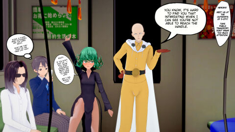 3d 3d_(artwork) breasts embarrassed_nude_female enf english_text exhibitionism female koikatsu one-punch_man public saitama tatsumaki thick_thighs