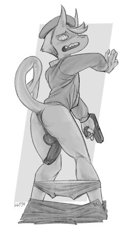 absurd_res accident accidental_exposure anthro anus balls bbgg bottomwear bottomwear_down boxers_(clothing) clothed clothing demon embarrassed fish forced_exposure foreskin genitals greyscale gun half-erect hi_res hybrid imp jacket male marine monochrome pants pants_down pants_falling_down partially_clothed penis raised_tail ranged_weapon shark simple_background solo solo_focus tail topwear uncircumcised underwear wardrobe_malfunction weapon
