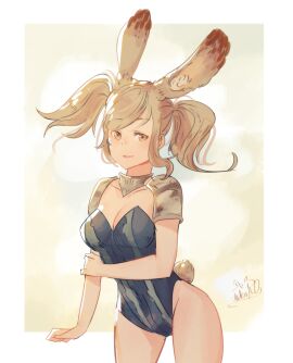 1girls alternate_costume animal_ear_fluff animal_ears arm_at_side armor artist_name blonde_hair blue_leotard blush border breasts cleavage collarbone covered_navel cowboy_shot cynthia_(fire_emblem) female female_only fire_emblem fire_emblem_awakening groin hand_up happy highres holding_own_arm leotard light_blush medium_breasts medium_hair nintendo open_mouth outside_border playboy_bunny rabbit_ears rabbit_girl rabbit_tail short_tail shoulder_armor sidelocks signature smile solo spindle_(aidenr0) standing strapless strapless_leotard swept_bangs tail thighs twintails white_border yellow_eyes