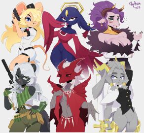 2024 2024s 4_fingers 6girls a.i.m._(game) ancient_dragon_florissax anthro big_breasts black_sclera blonde_hair blue_body blue_eyes blue_fur blush bovid breasts canid canine canis caprine clothed clothing digital_art digital_drawing digital_drawing_(artwork) digital_media digital_media_(artwork) digital_painting digital_painting_(artwork) domestic_dog dragon dragon_communion_priestess ear_piercing ear_ring ela_novabay elden_ring female fingers fromsoftware front_view fully_clothed fur goat gou_mang gou_mang_(nine_sols) green_eyes grey_background grey_body grey_fur group gun hair hand_on_hip hand_on_own_hip hat headgear headwear hi_res holding_gun holding_object holding_ranged_weapon holding_weapon horn looking_at_viewer mammal marquez marquez_(wild_assault) medium_breasts mephitid mouse murid murine mythological_creature mythological_scalie mythology navel nine_sols no_bra open_mouth piercing pink_body pink_fur pseudoregalia purple_hair ranged_weapon red_candle_games red_eyes rhok'zan rhok'zan_(sucker_for_love) ring_piercing rodent scalie shadow_of_the_erdtree simple_background skunk skykain small_breasts standing sucker_for_love sucker_for_love:date_to_die_for sybil_(pseudoregalia) tail teeth tongue tongue_out weapon white_hair wild_assault