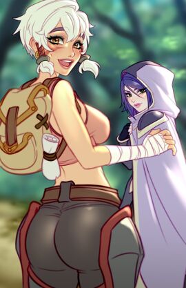 2girls blushypixy dungeons_and_dragons female kaye_(blushypixy) looking_at_viewer multiple_females multiple_girls purple_hair rogue_(spicy_quest) tan_body white_hair white_skin