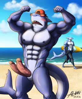 2_penises abs absurd_res alkan anthro beach big_pecs big_penis blue_body bottomwear clothed clothing diphallia diphallism duo epic_games erection eyewear fish flexing fortnite genitals hat headgear headwear hi_res male male/male male_only marine multi_genitalia multi_penis multicolored_body muscular muscular_anthro muscular_male navel nipples nude nude_anthro nude_male open_mouth pecs penis pink_penis safety_first_steve shark sunglasses swimwear swimwear_only teron_(alkan) topless topless_anthro topless_male two-tone_body