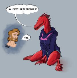 1boy 1girls 2023 :3 anthro beard big_breasts blonde_hair breasts clothed dhar3kvo1d dialogue female gigachad humanoid male monster monster_girl muscles nightmare_waifu purple_sweater red_body red_skin reptile scp-939 scp_foundation sitting source_request spikes sweater teeth thick_thighs thighs veins veiny veiny_muscles wholesome